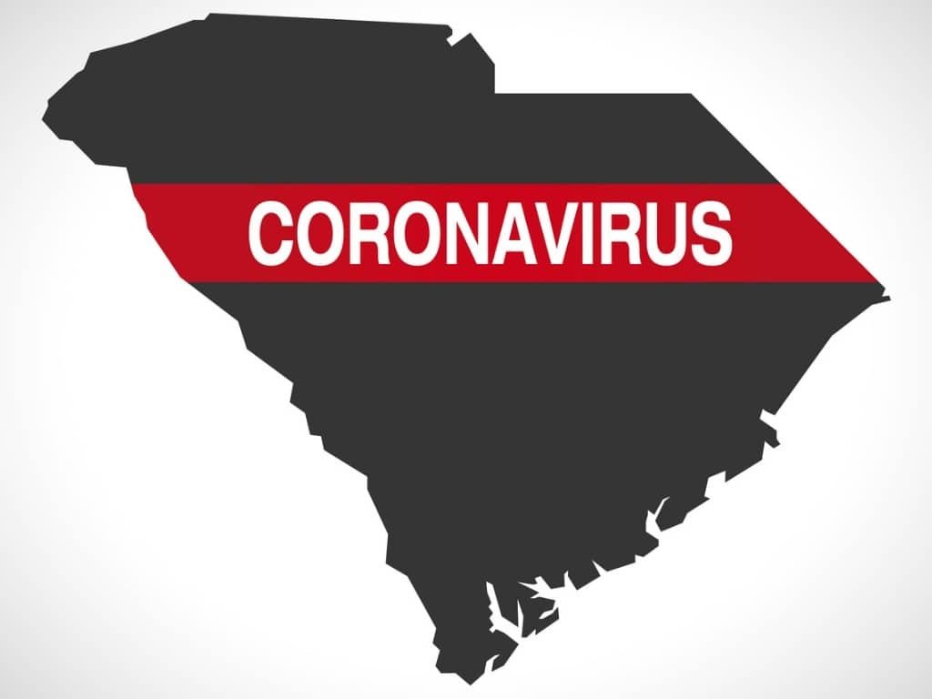 south carolina usa federal state map with coronavirus warning vector id1212903976
